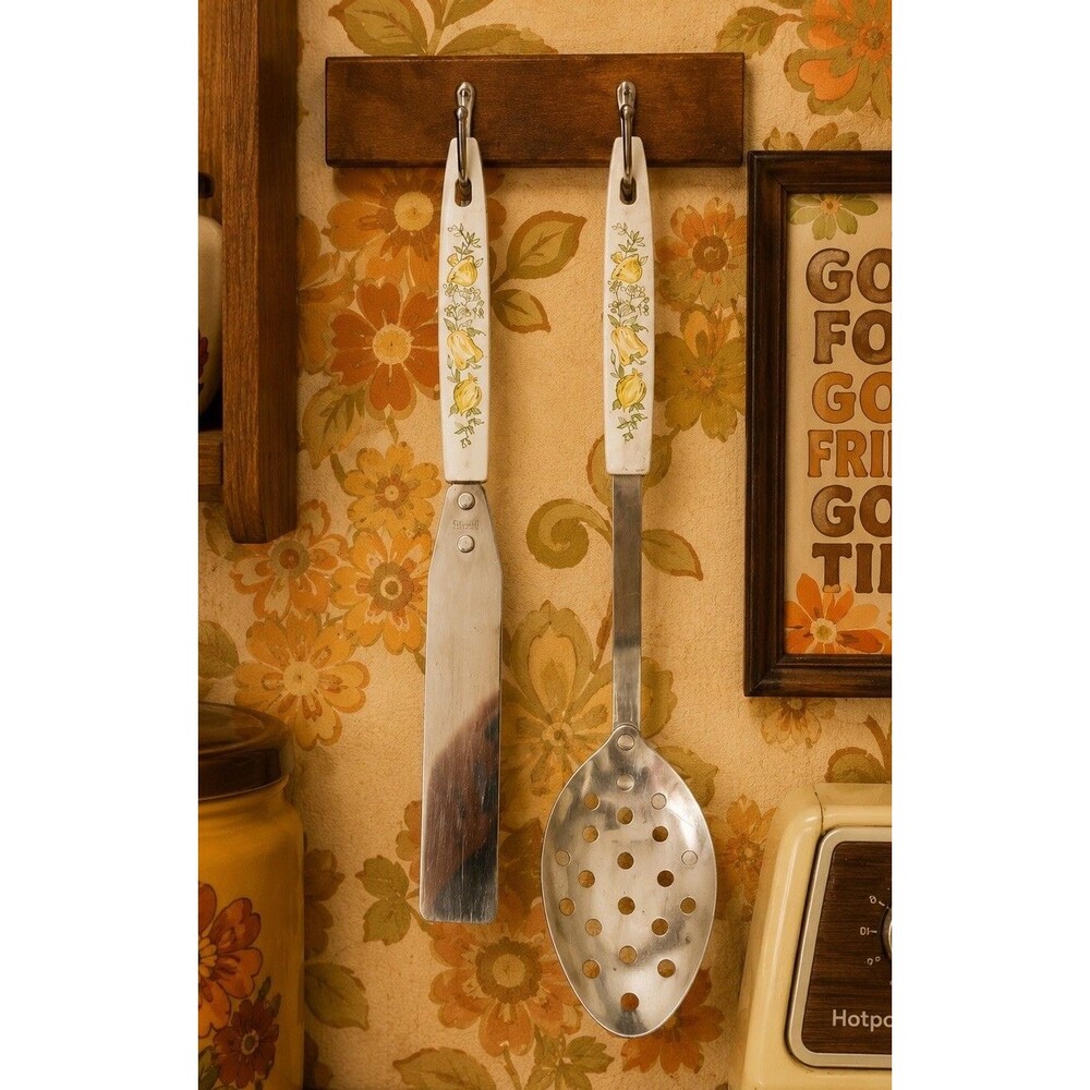Vintage Floral Handle Slotted Spoon & Spreader Set Stainless Steel USA Mushroom